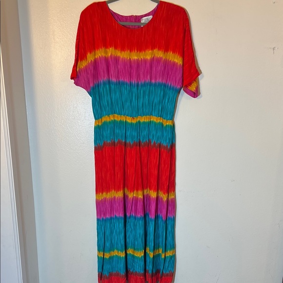 Vintage Dresses & Skirts - Sabino Vintage 80s Red Colorful Stripe Art Short Sleeve Maxi Dress Large XL